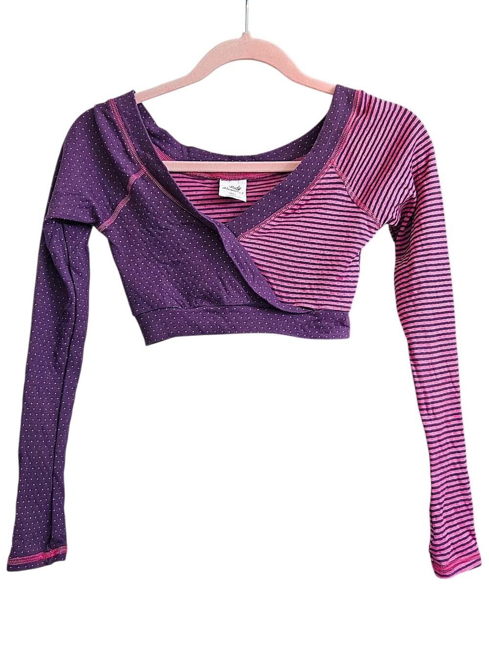 Body Wrappers Purple Pink Polka Dots Stripes Long Sleeve Cropped Wrap Dance Top